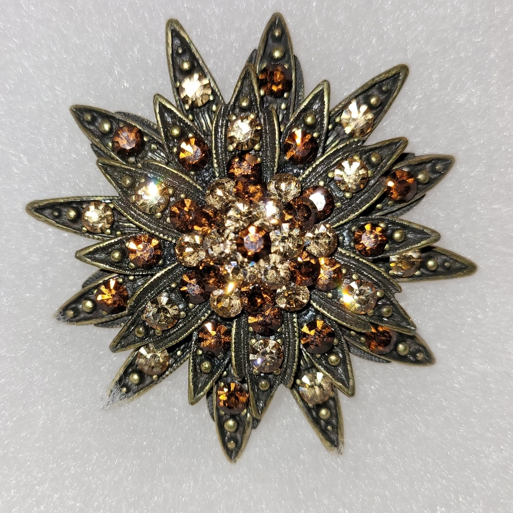 Vintage Landau Brooch Celestial Sunburst Floral Petal Citrus & Topaz Rhinestones